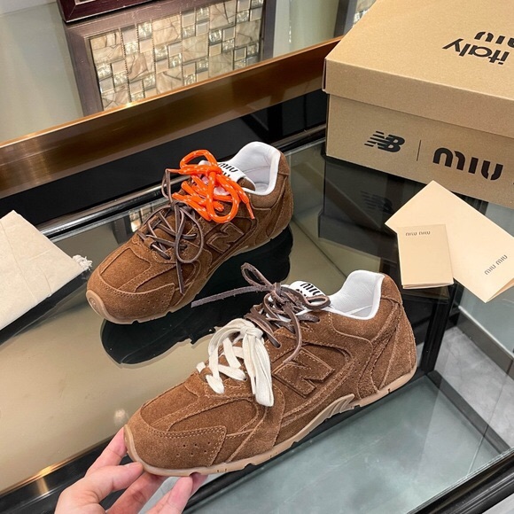 Miu Miu Brown Suede Sneakers with Orange and White Laces - Picture 2 of 5